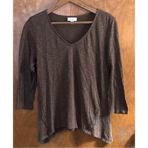 J. Jill Chocolate Brown Linen Crochet Asymmetrical Top Boho Nautical Lagenlook